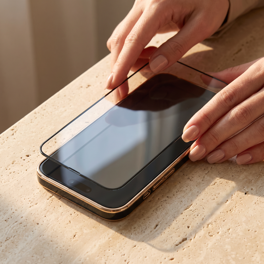 Applying the tempered glass screen protector on an iPhone in the Infinity case