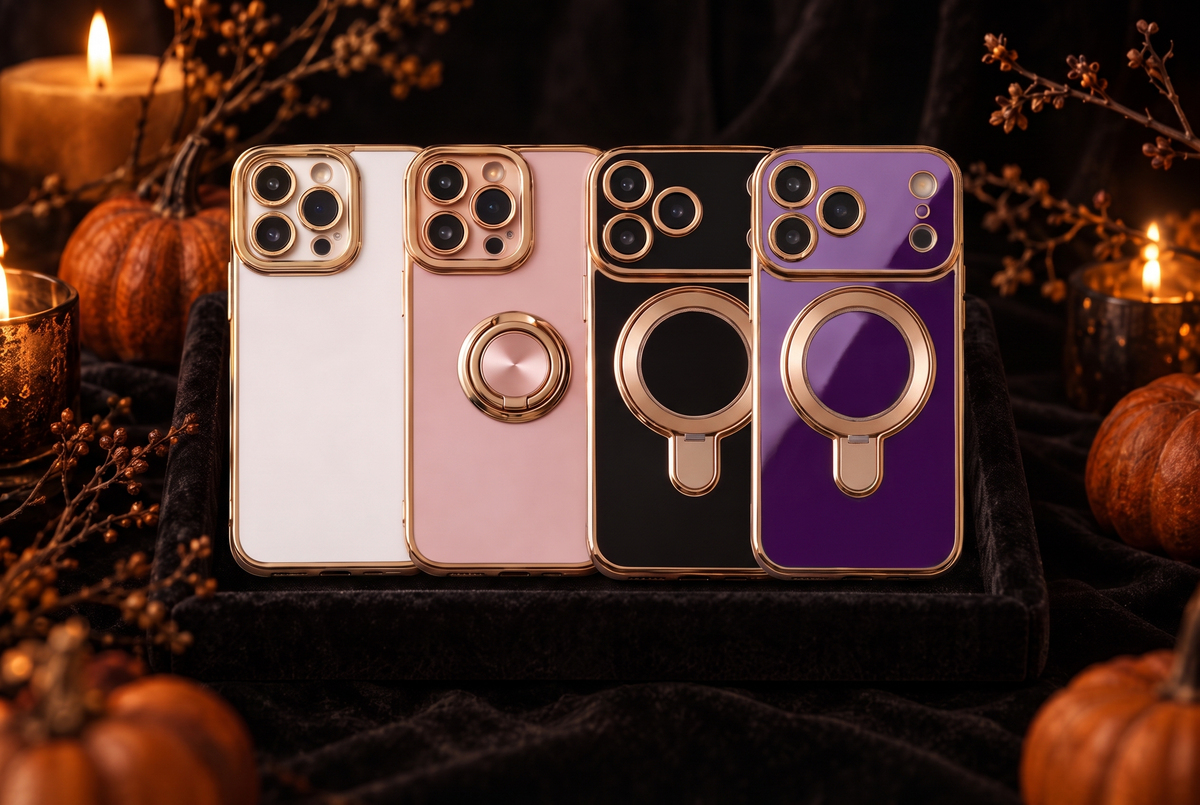 Signature, Halo and Infinity cases on black velvet with pumpkins and candles