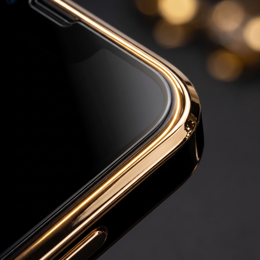 Rounded glass edge sitting flush against the gold rim of the Infinity case