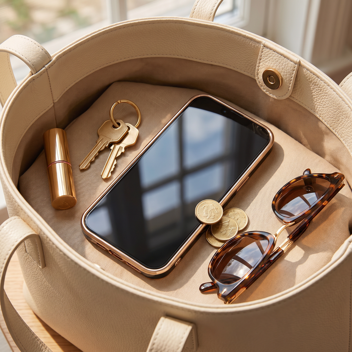 Scratch-resistant screen protector, iPhone in a bag next to keys and everyday items