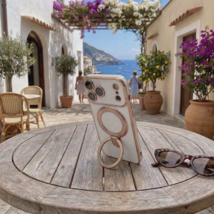 White Infinity case standing on a terrace table