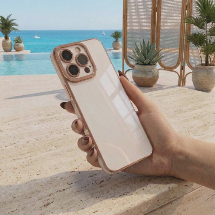 White Signature case held on a sunny beach