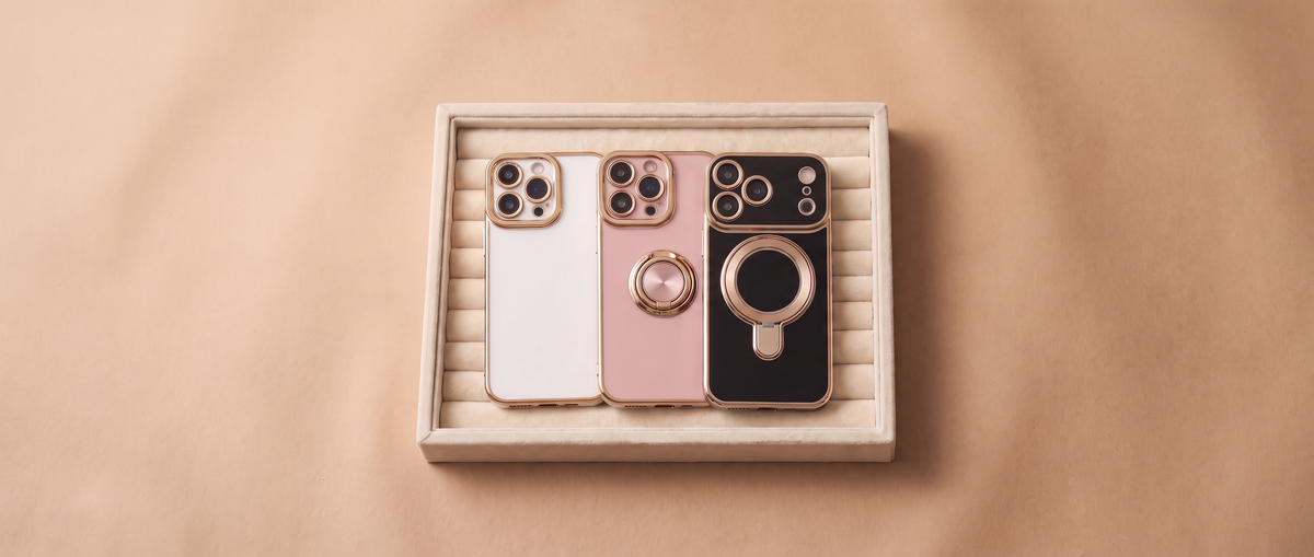 Signature, Halo and Infinity cases in a velvet jewelry tray