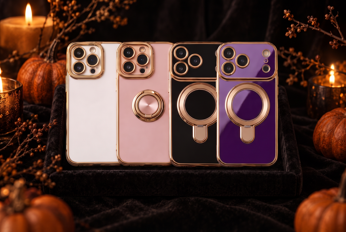 Signature, Halo and Infinity cases on black velvet with pumpkins and candles