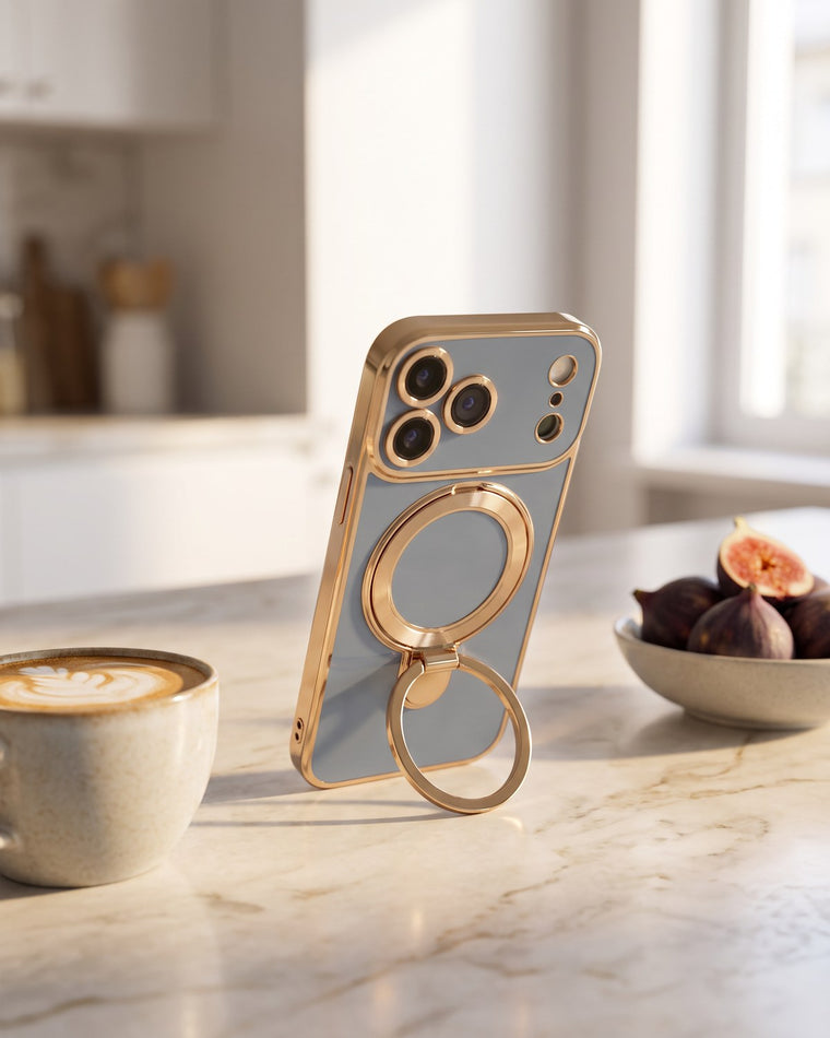 Infinity case in Gray standing on its ring on a kitchen counter
